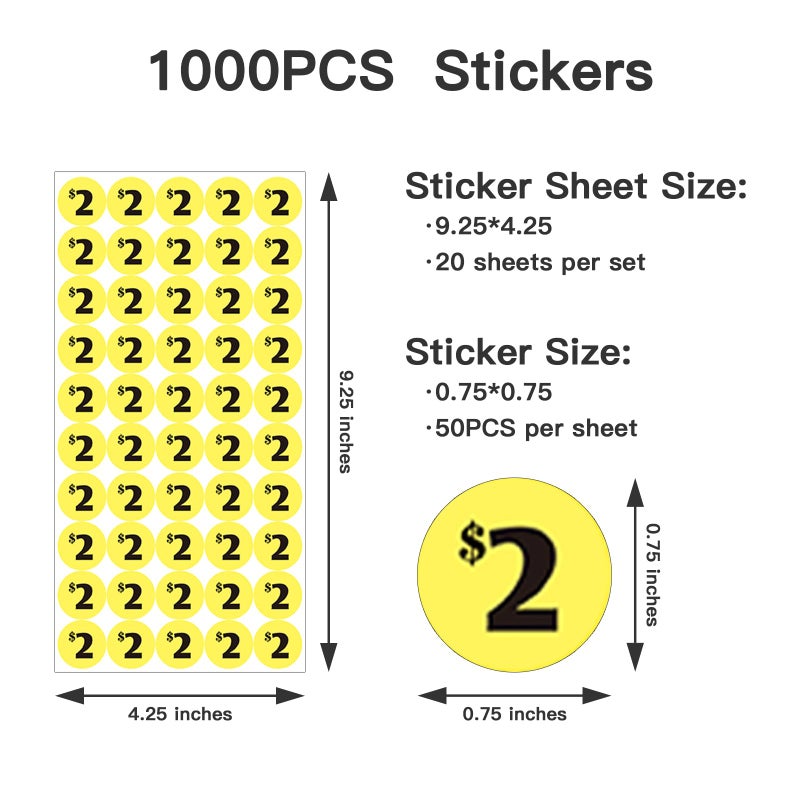DUGUTUL 1000 pcs $2 Color-Coded Price Stickers for Garage Sale and Flea Market, 3/4"" Diameter - Bold Fonts, Clear Visibility, High Visibility, Easy Organization - Image 2